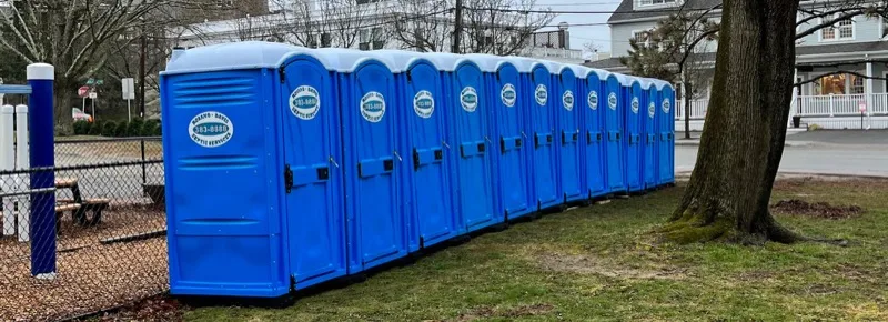 Long row of branded Rosano Davis portable toilets set up for a community event